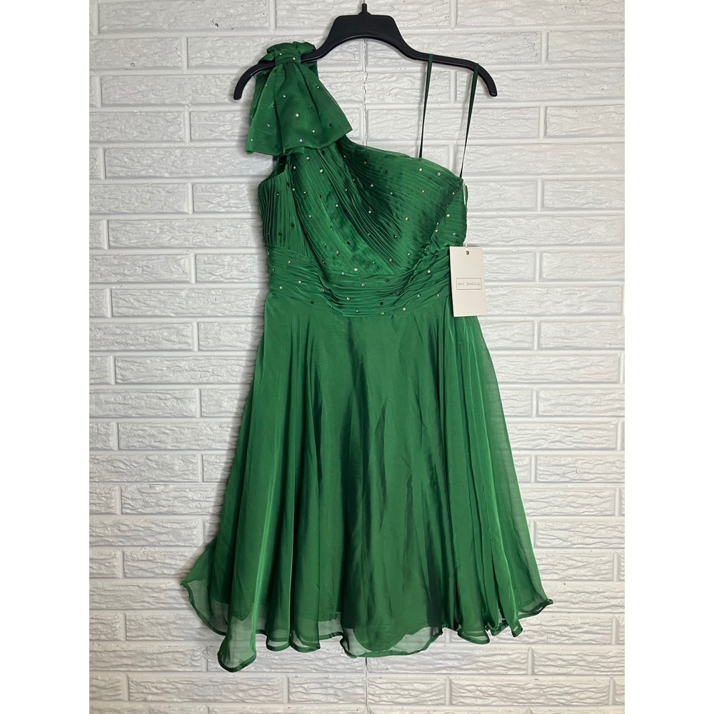 Mac Duggal green bejeweled one shoulder dress prom special Occasion women size 8